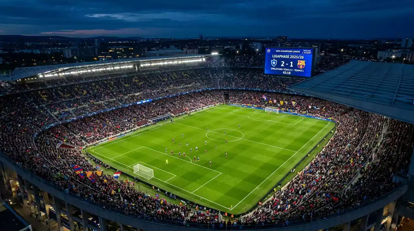 Champions-League-Ligaphase 2025/26 mit 36 Klubs — Spielszene im Königsklasse-Stadion
