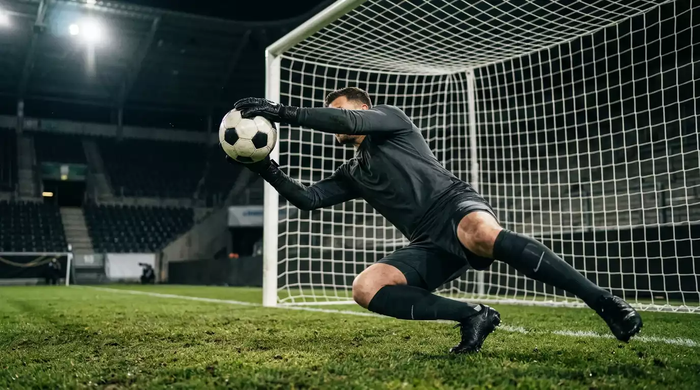 Torwart hält den Fußball am Tornetz während einer Champions-League-Partie