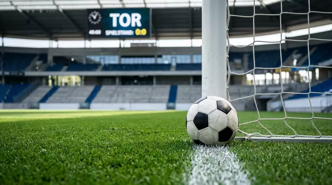 Weißes Fußballtor mit Netz und Ball auf der Torlinie auf grünem Rasen im Stadion