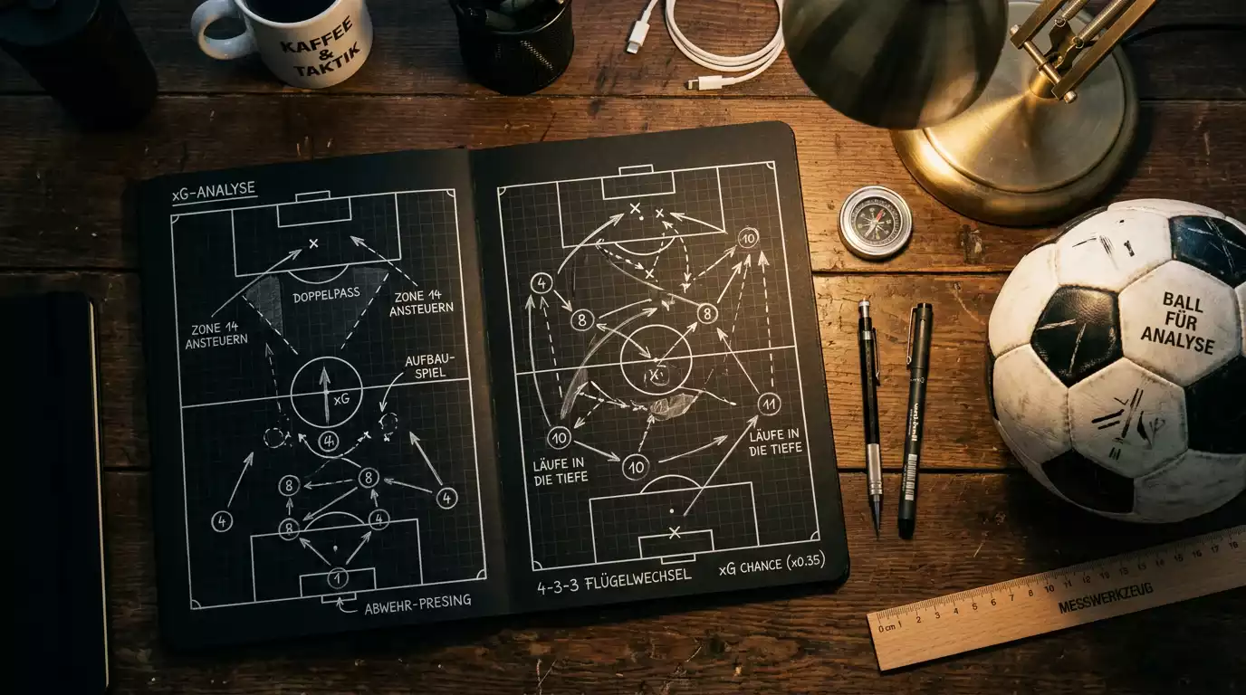 Datenbasierte Champions-League-Strategie — Analyst mit xG-Diagrammen und taktischem Notizblock